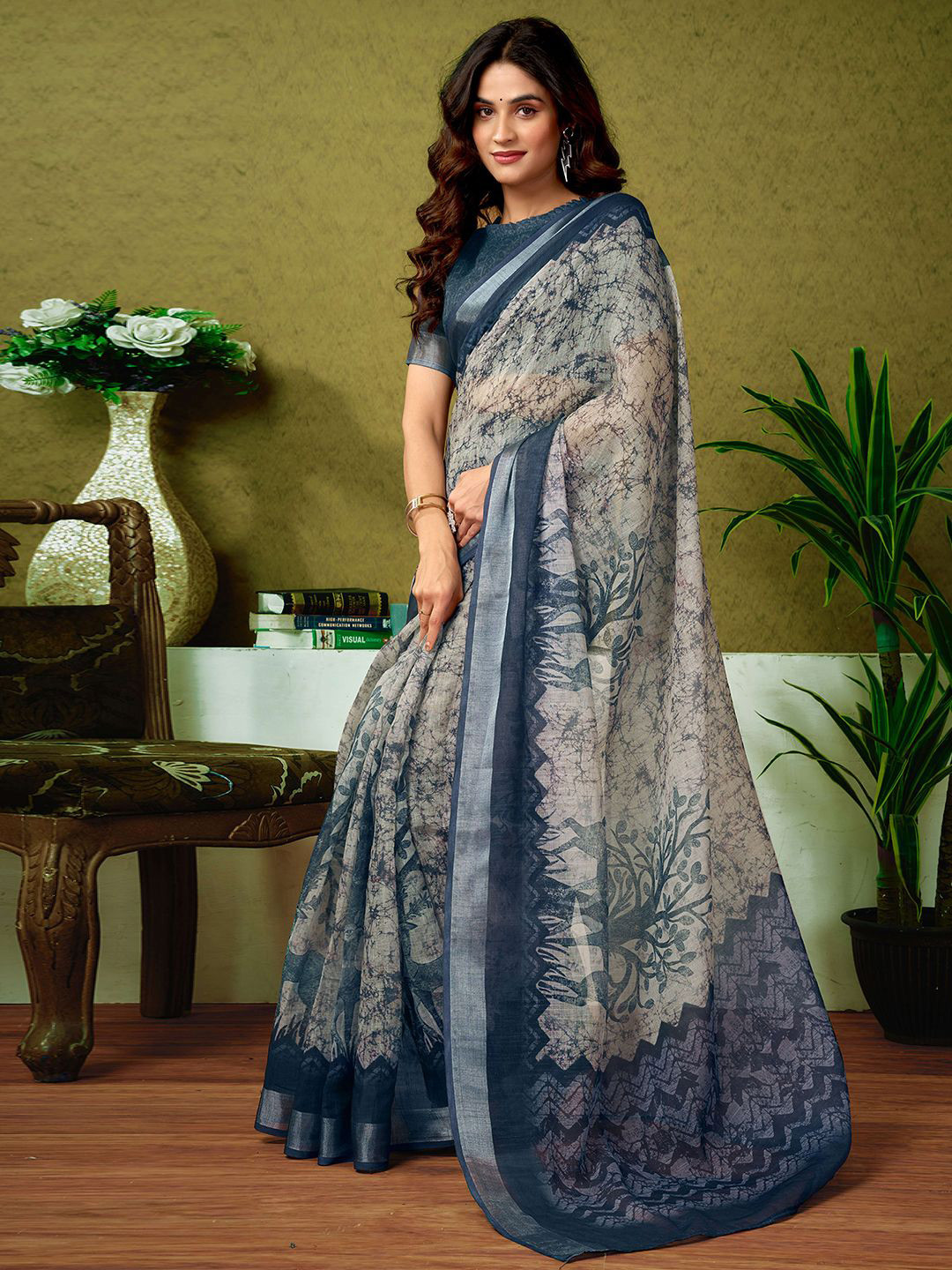 Sangria Dabu Printed Pure Linen Ready To Wear Saree With Unstitched Blouse