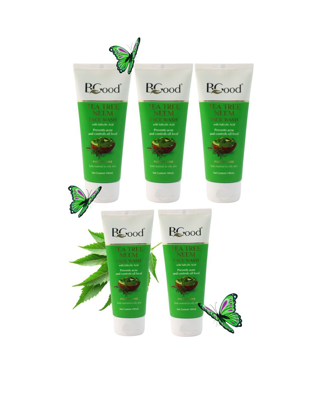 Bgood Set Of 5 Tea Tree Neem Face Wash Prevents Acne & Pimples - 100 g Each