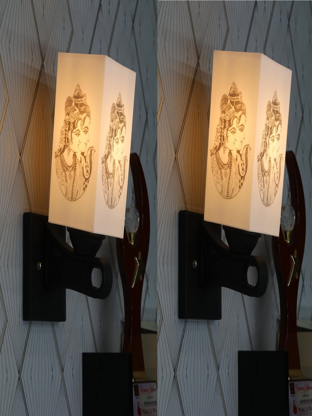 Gojeeva Black & White 2 Pieces Lord Shiva Paravathi Metal Square Shaped Wall Lamps