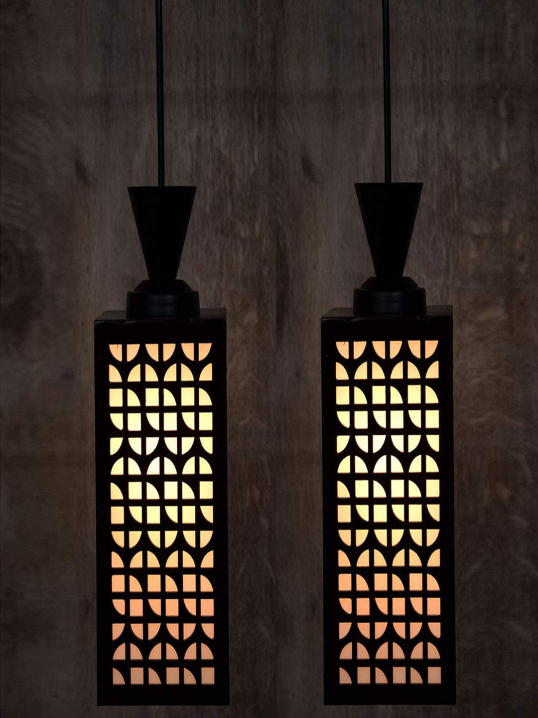 Gojeeva Black & White 2 Pieces Textured Rectangle Shaped Wooden Hanging Wall Lamps