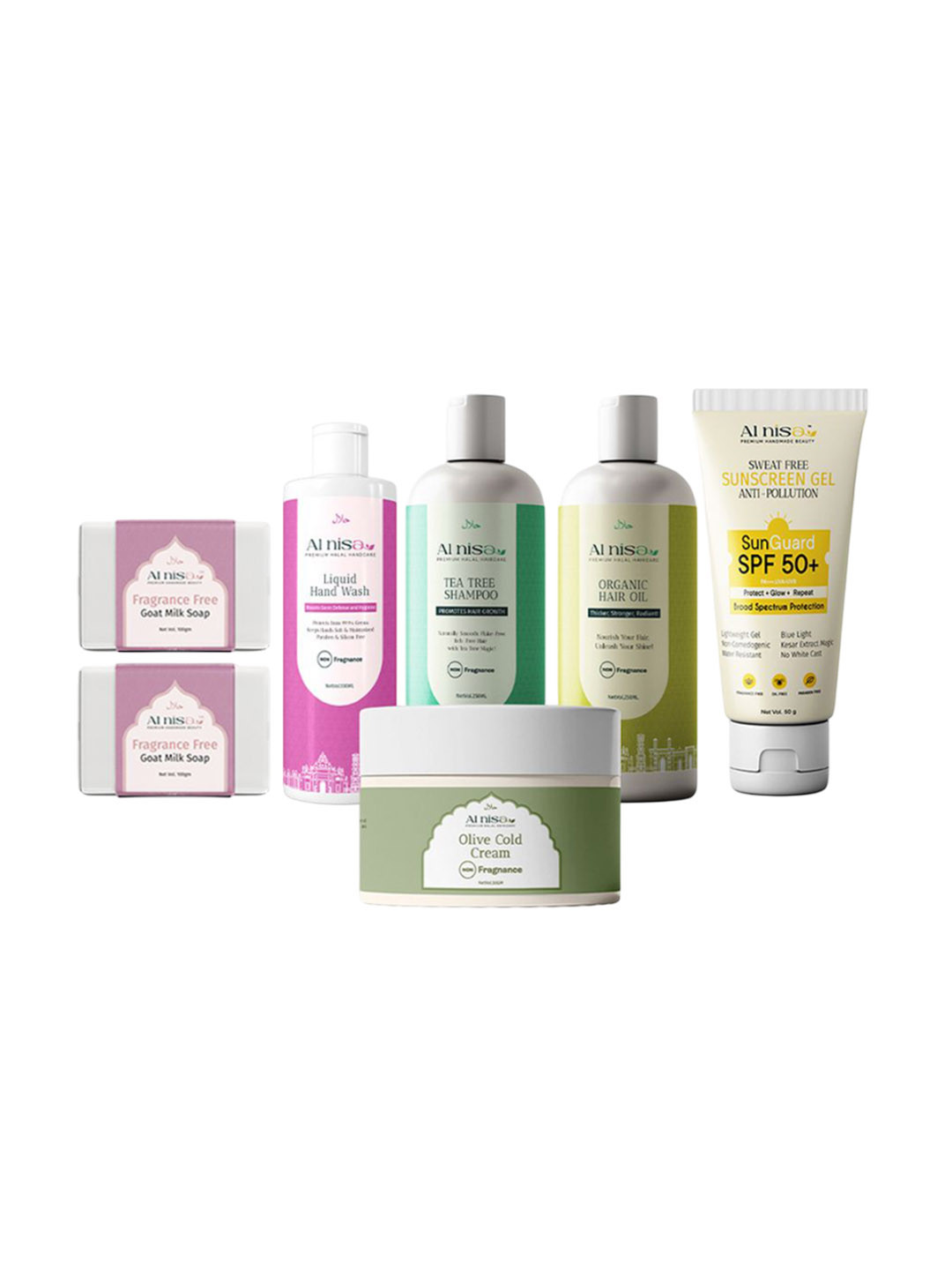 Al Nisa Set Of 7 Soap, Liquid Hand Wash, Shampoo, Hai Oil, Sunscreen & Cold Cream