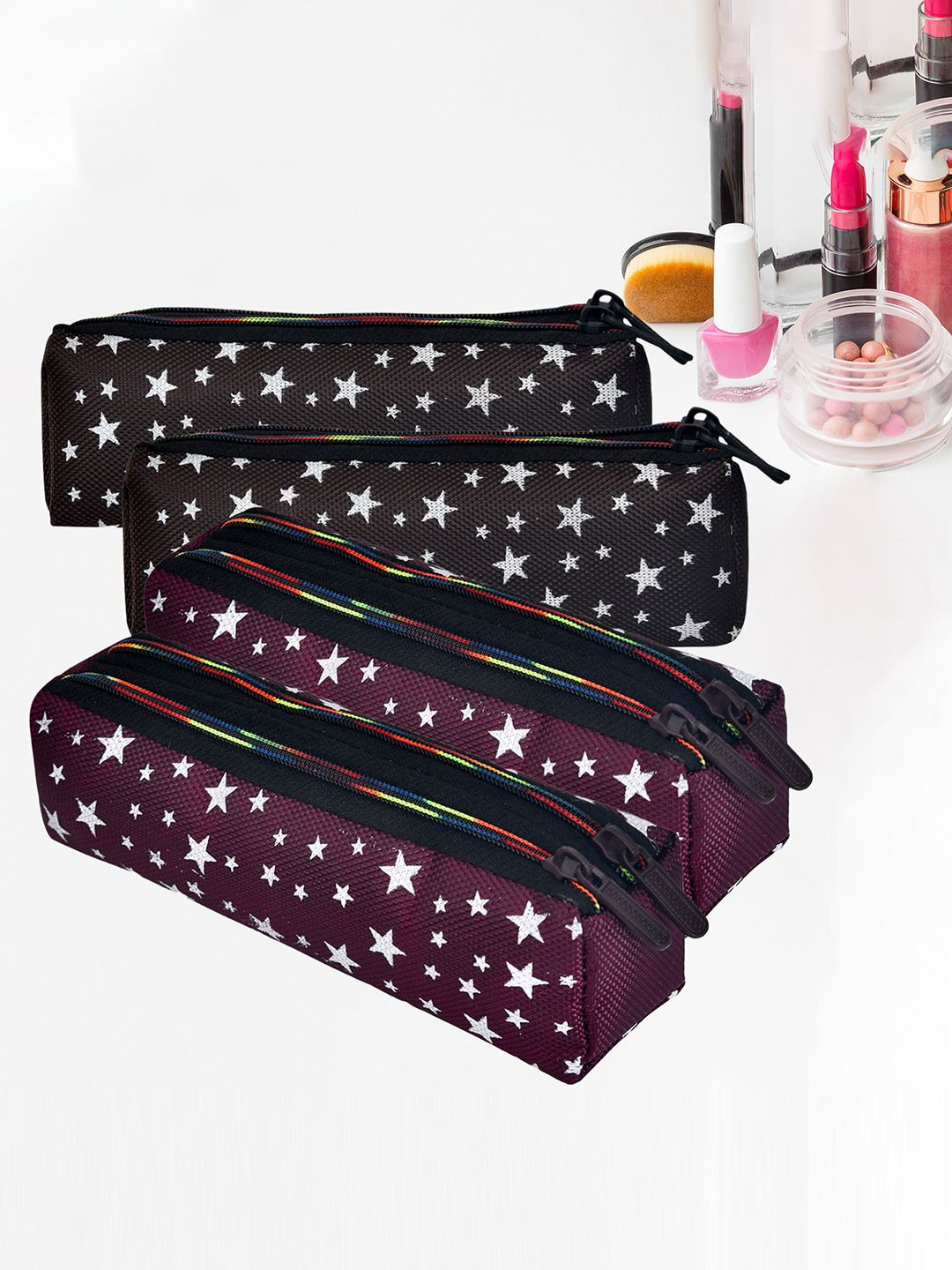 Kuber Industries 4Pcs Black & Brown Rexine Star Design Utility Pouch