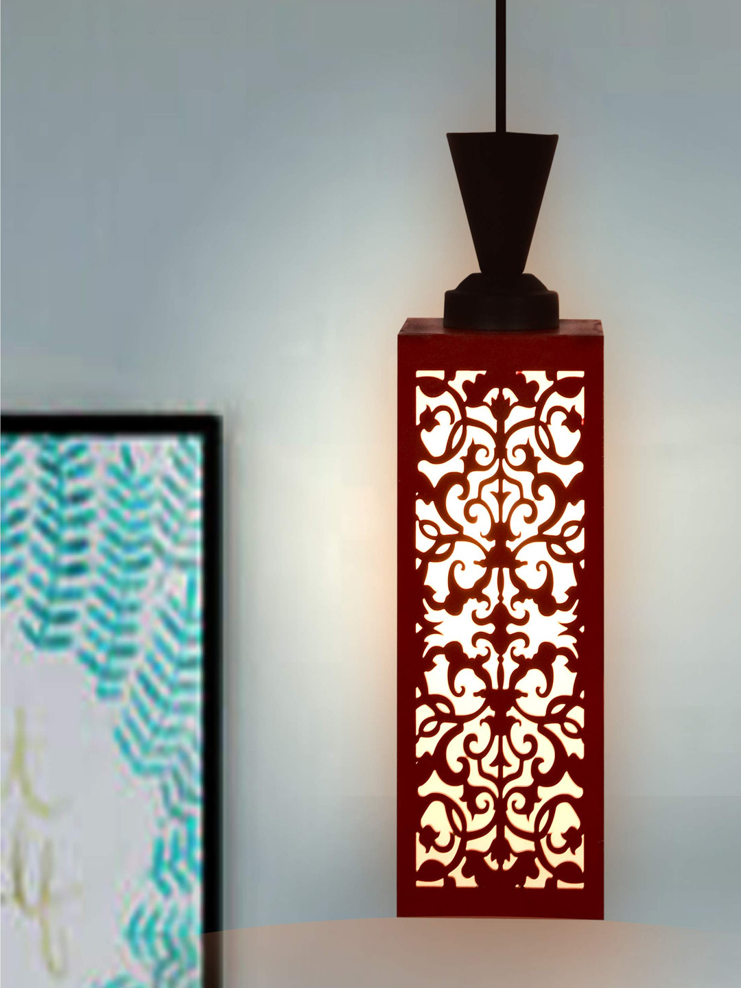 Gojeeva Red and White Textured Wooden Contemporary Rectangle Shaped Ceiling Lamp