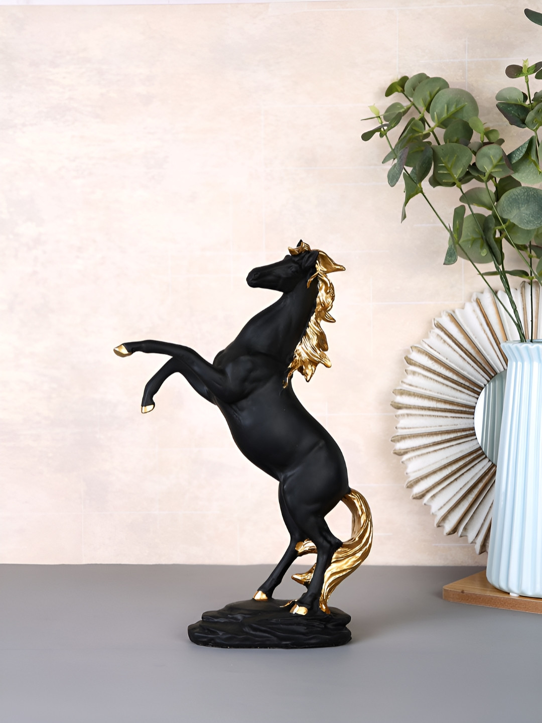 TAYHAA Stallion Black Polyresin Matte Living Room Medium Showpiece - 11.4 Inches