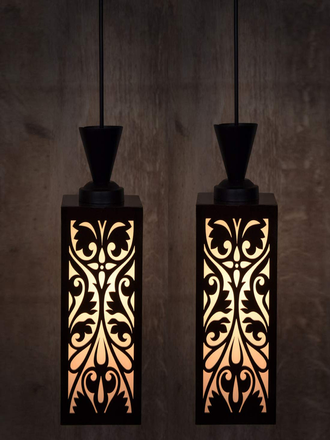 Gojeeva Black & White 2 Pieces Floral Textured Rectangle Shaped Wooden Hanging Wall Lamps