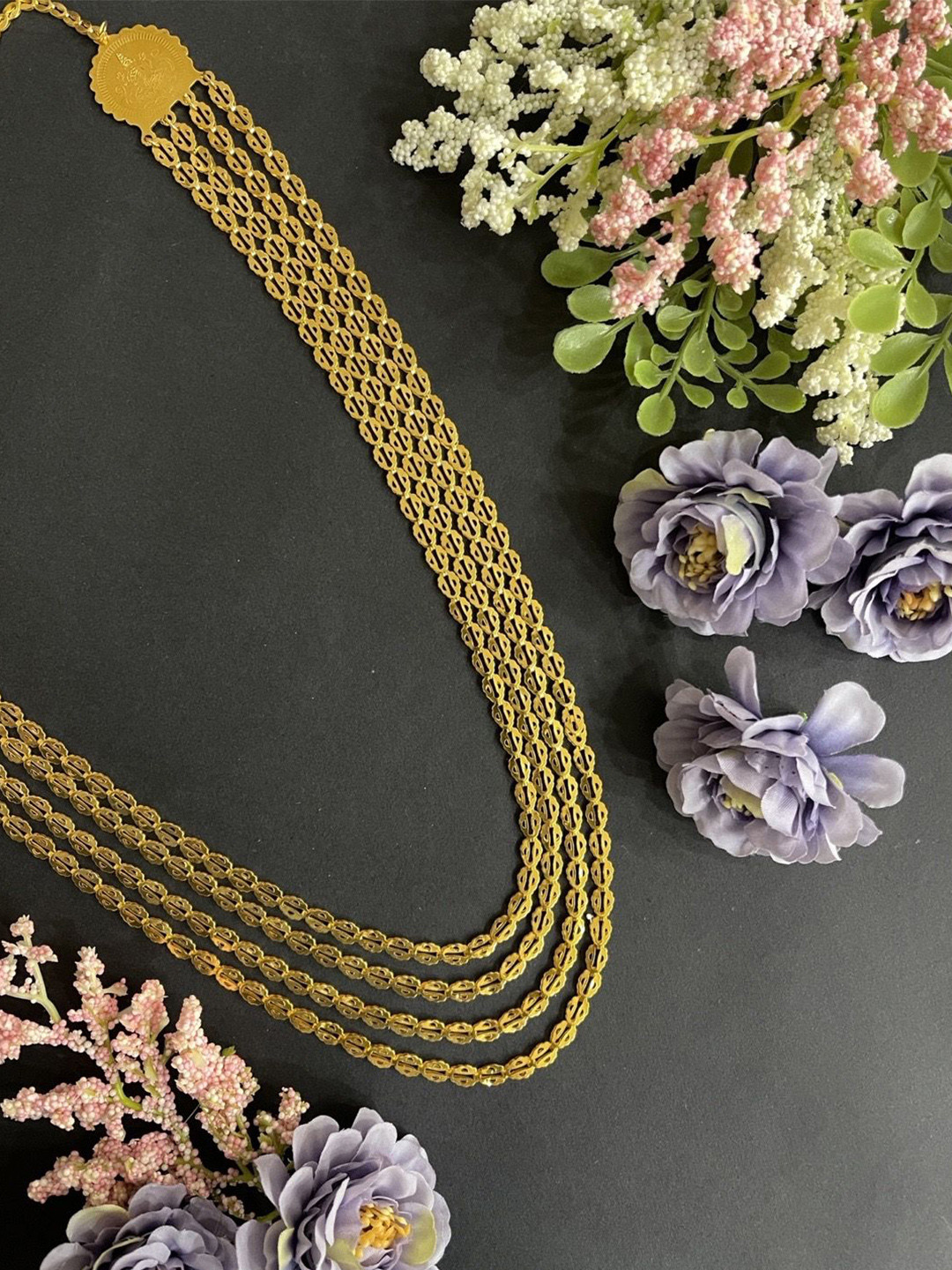 Digital Dress Room Gold-Plated Statement Kolhapuri Pohe Haar 4 Line Long Necklace