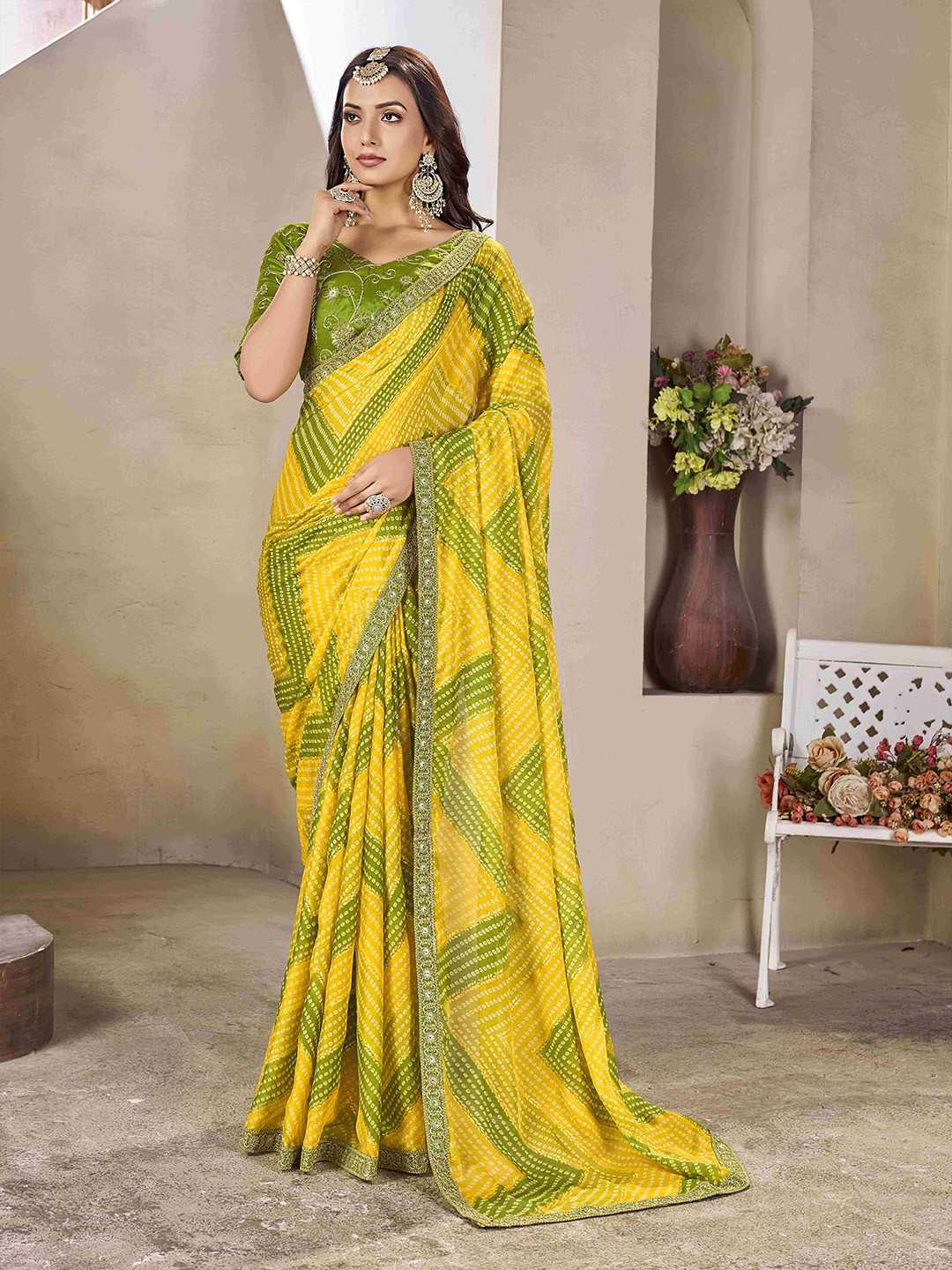 KCPC BANDHANI Bandhani Embroidered Poly Chiffon Bandhani Saree