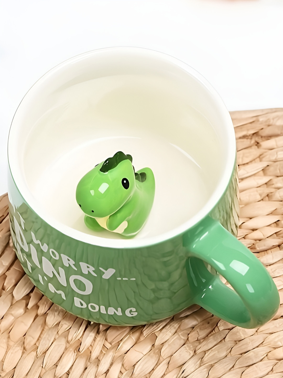 BonZeaL Green & White Printed Ceramic Glossy Mug With Dinosaur Inside Figurine-350 ml