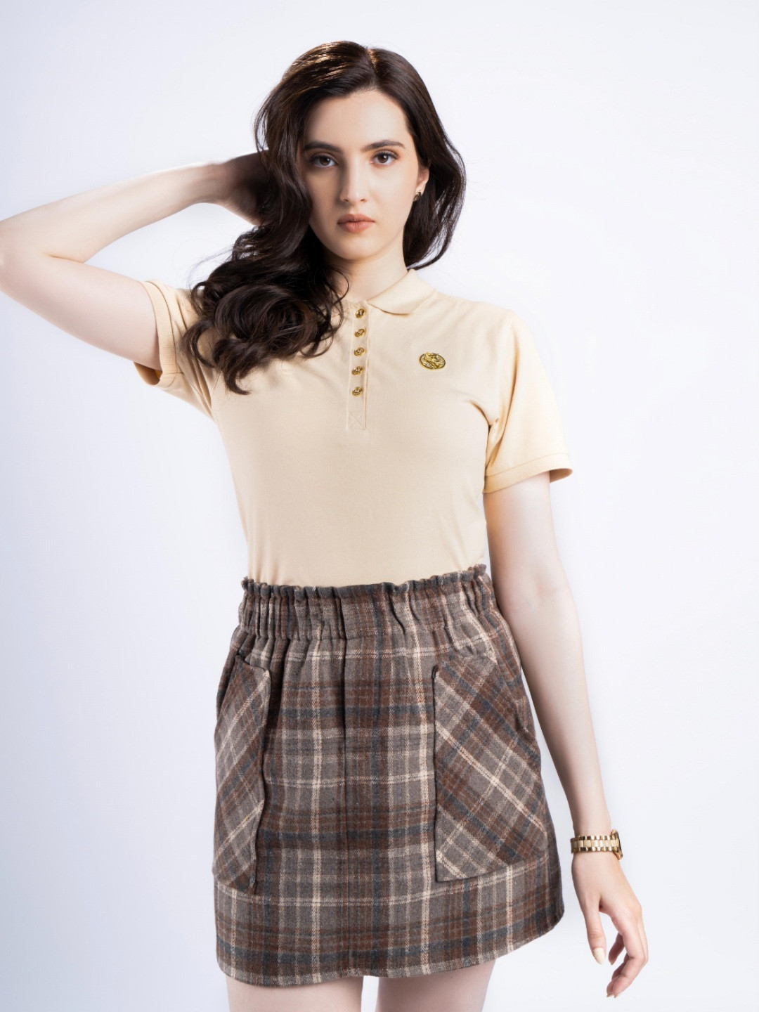 MISROMA Women Polo Collar Monochrome Organic Cotton Pockets Slim Fit T-shirt