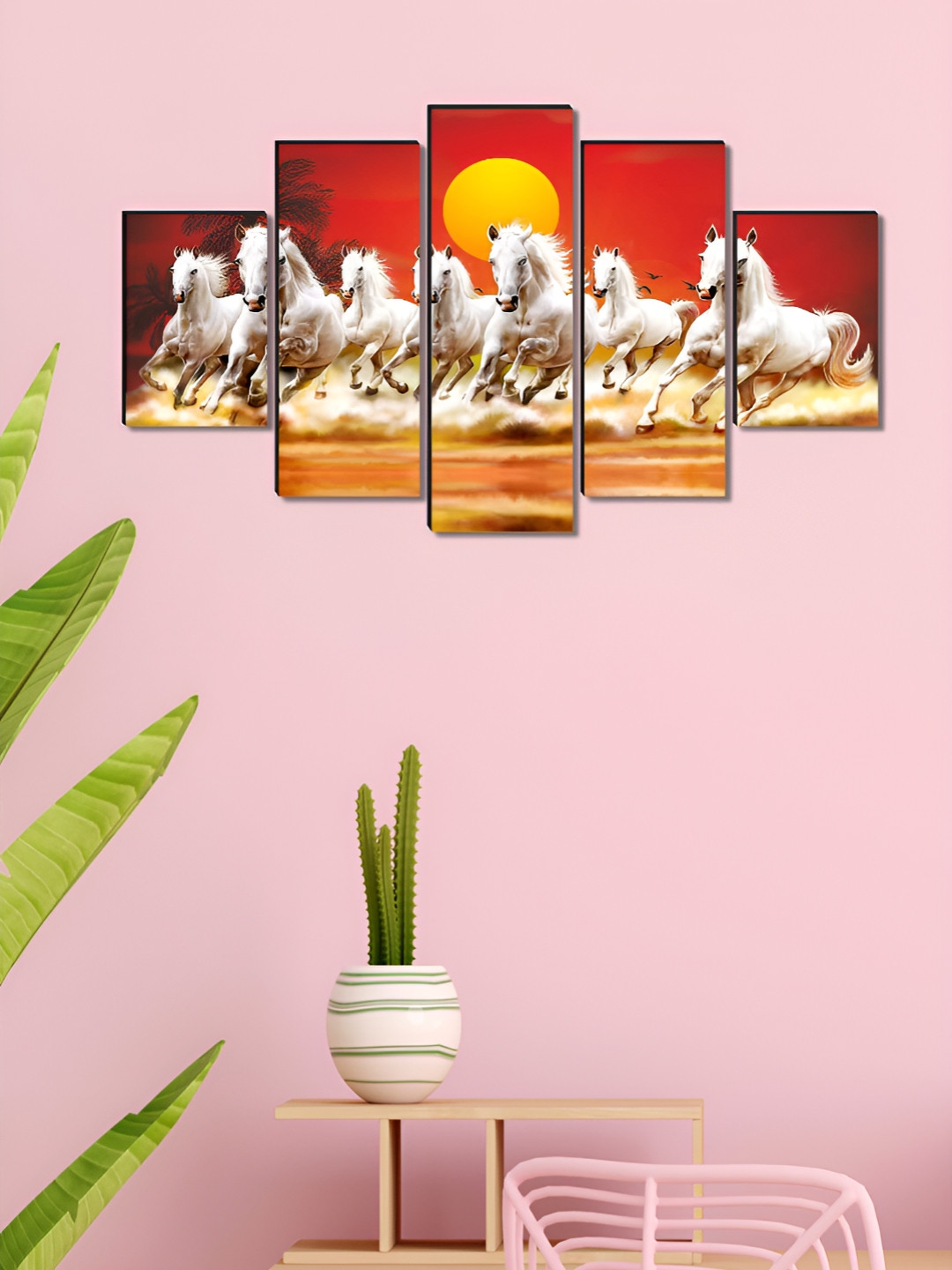 Aura Red & White 5 Pieces Seven Horses Canvas Birds and Animals Wall Paintings