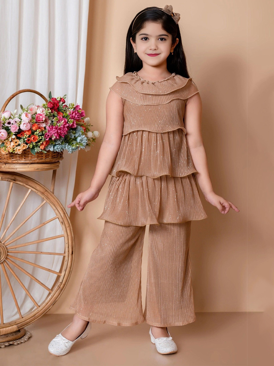 Katalyn Girls Striped Round Neck Tiered Ruffles Top With Palazzo