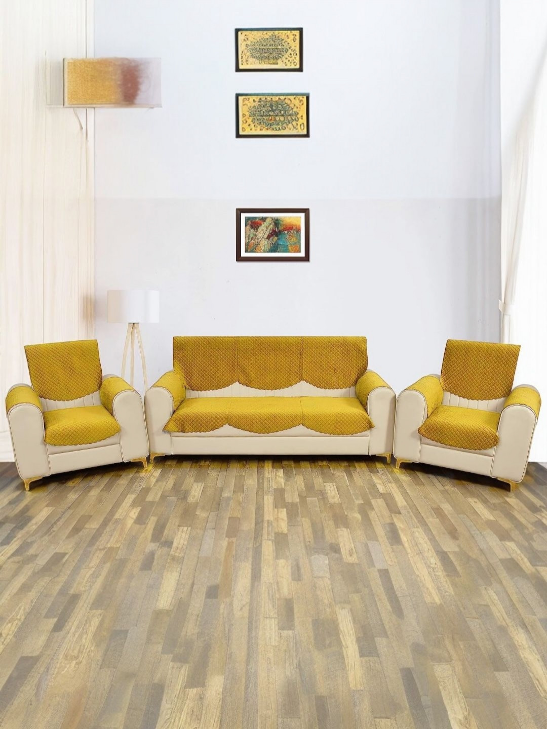 BIGGER FISH Yellow 12 Pieces Quilted Velvet 5 Seater Sofa Covers With Arms