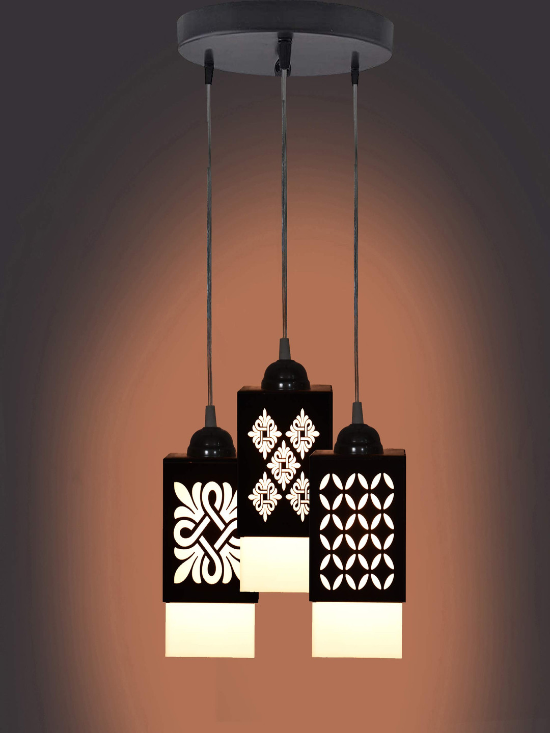 Gojeeva Black & White 3 Pieces Textured Square Shaped Wooden Ceiling Wall Lamps