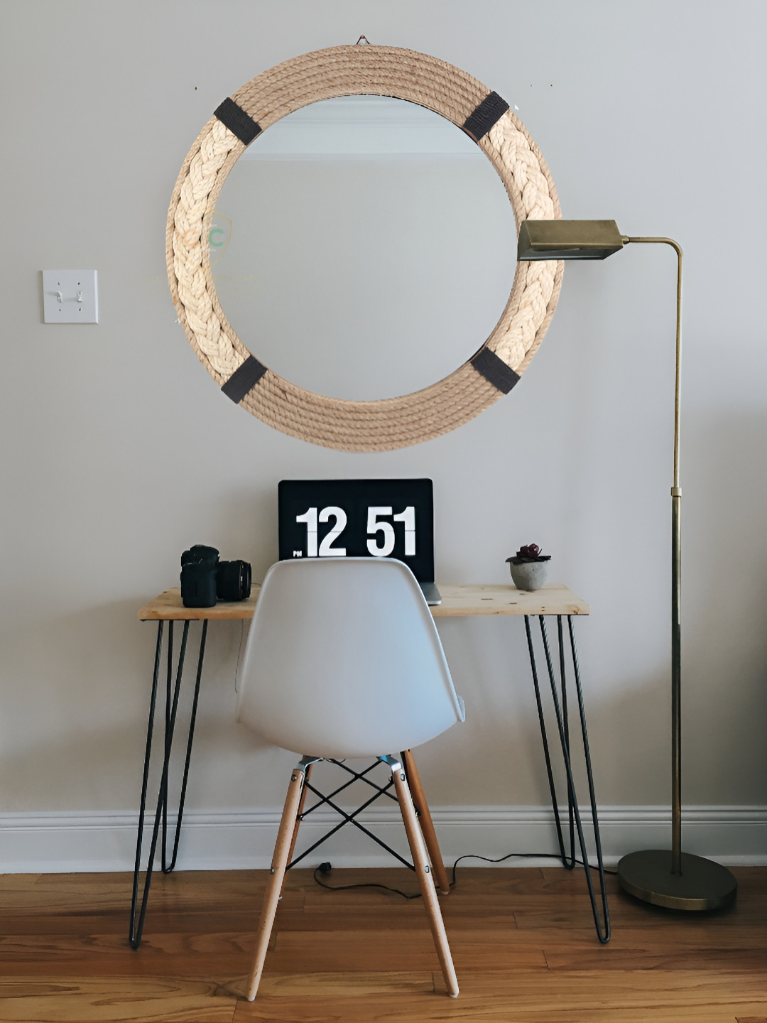 Creation India Craft Transparent & Beige Jute Cotton Round Shaped Wall Mirror