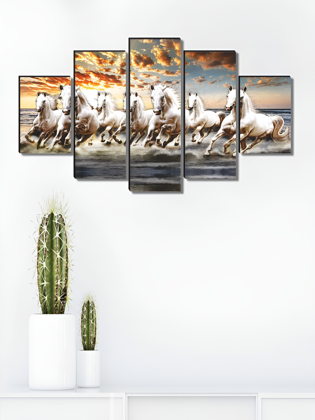 Aura Grey & Orange Colored 5 Pieces Seven Horses Printed Canvas Wall Paintings