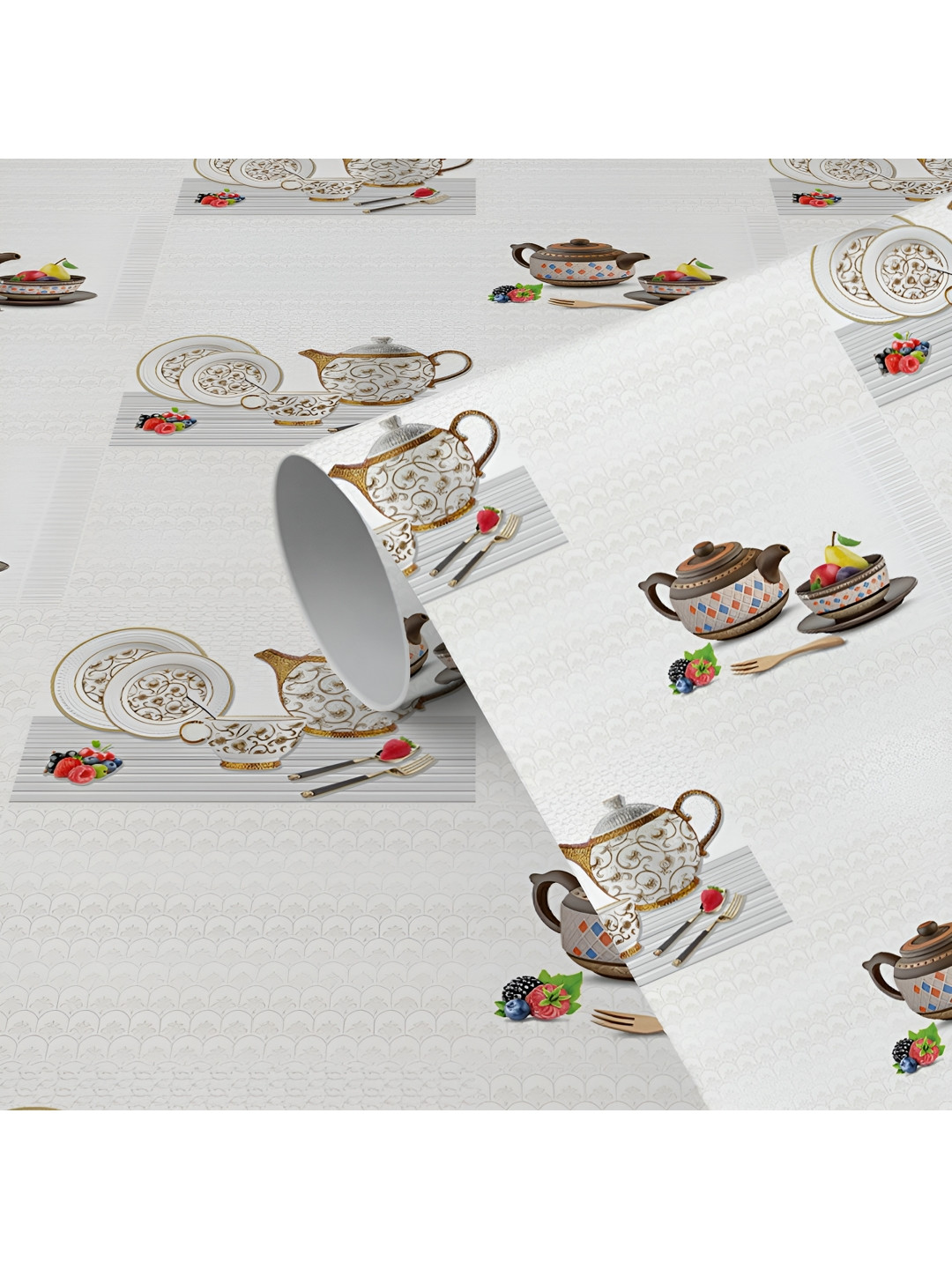 WallDaddy White & Brown Cup Plate Set Printed Self Adhesive Wallpaper