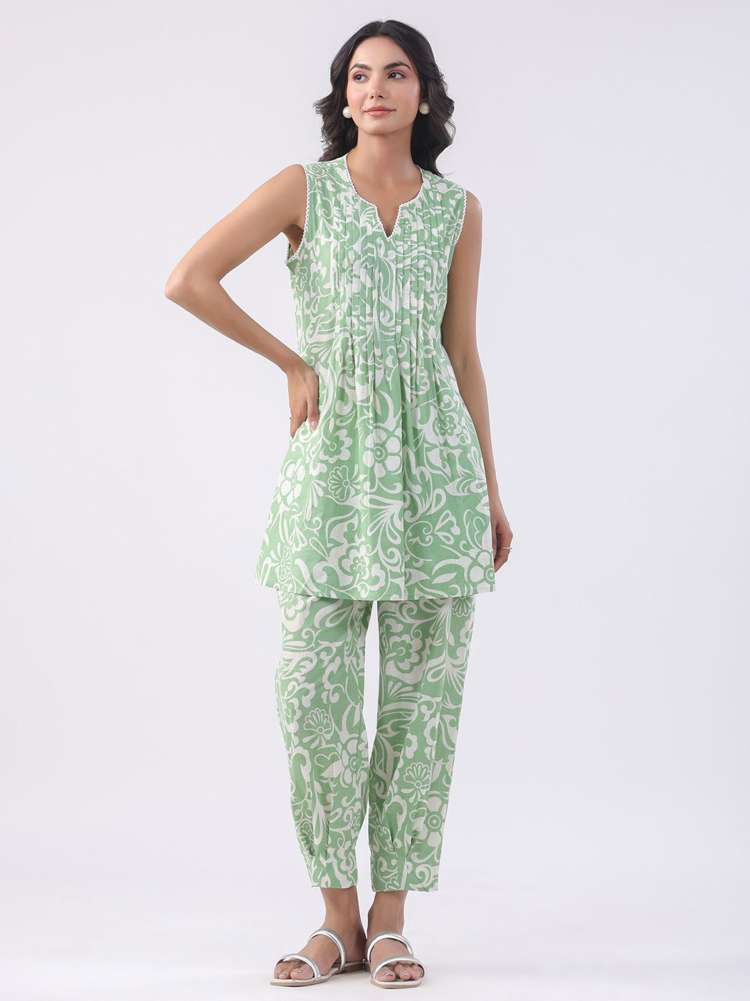 JISORA Green Printed V-Neck Pure Cotton Tunic With Trousers Co-Ords Set