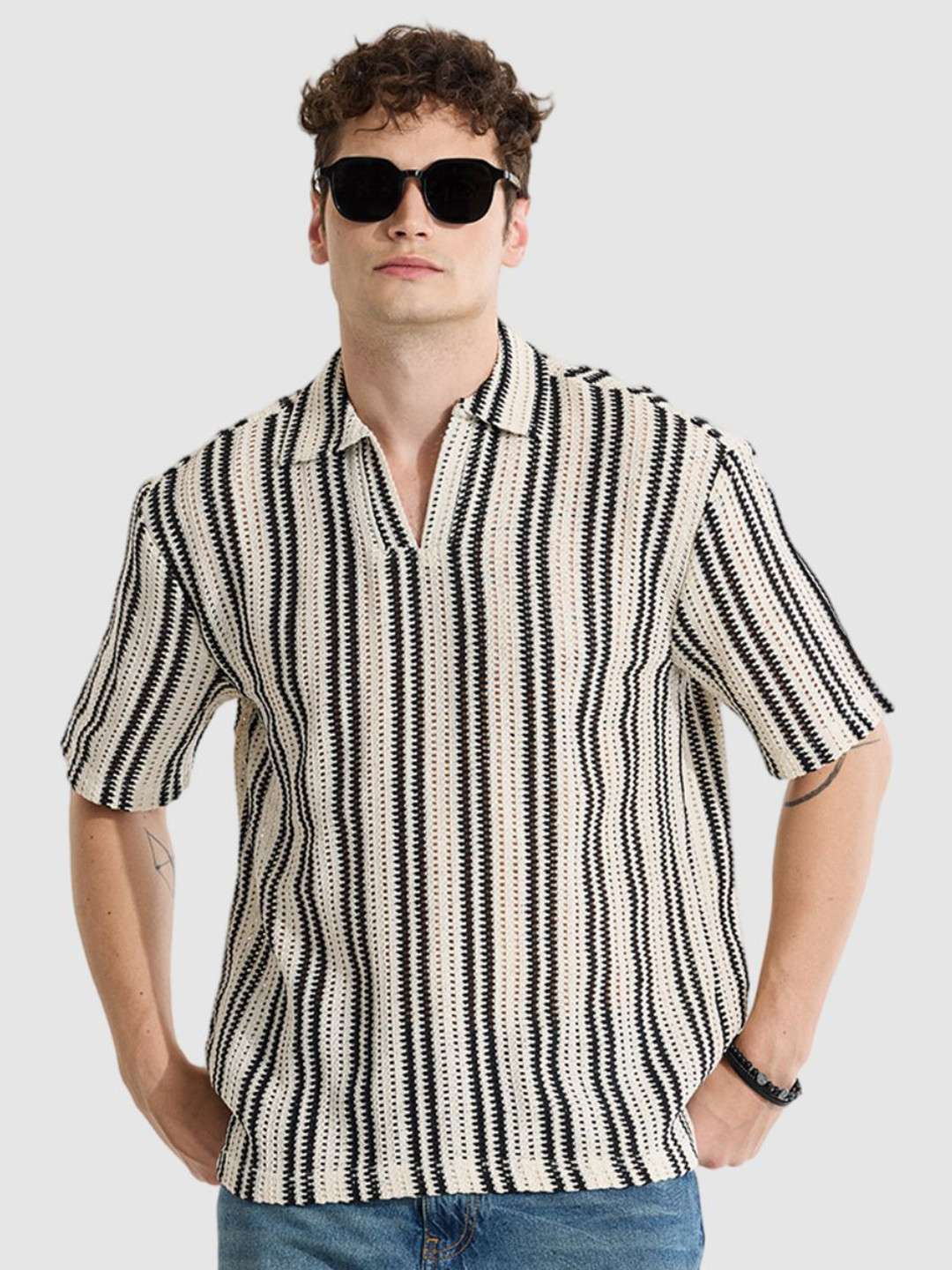 Snitch Men Printed Polo Collar Boxy T-shirt