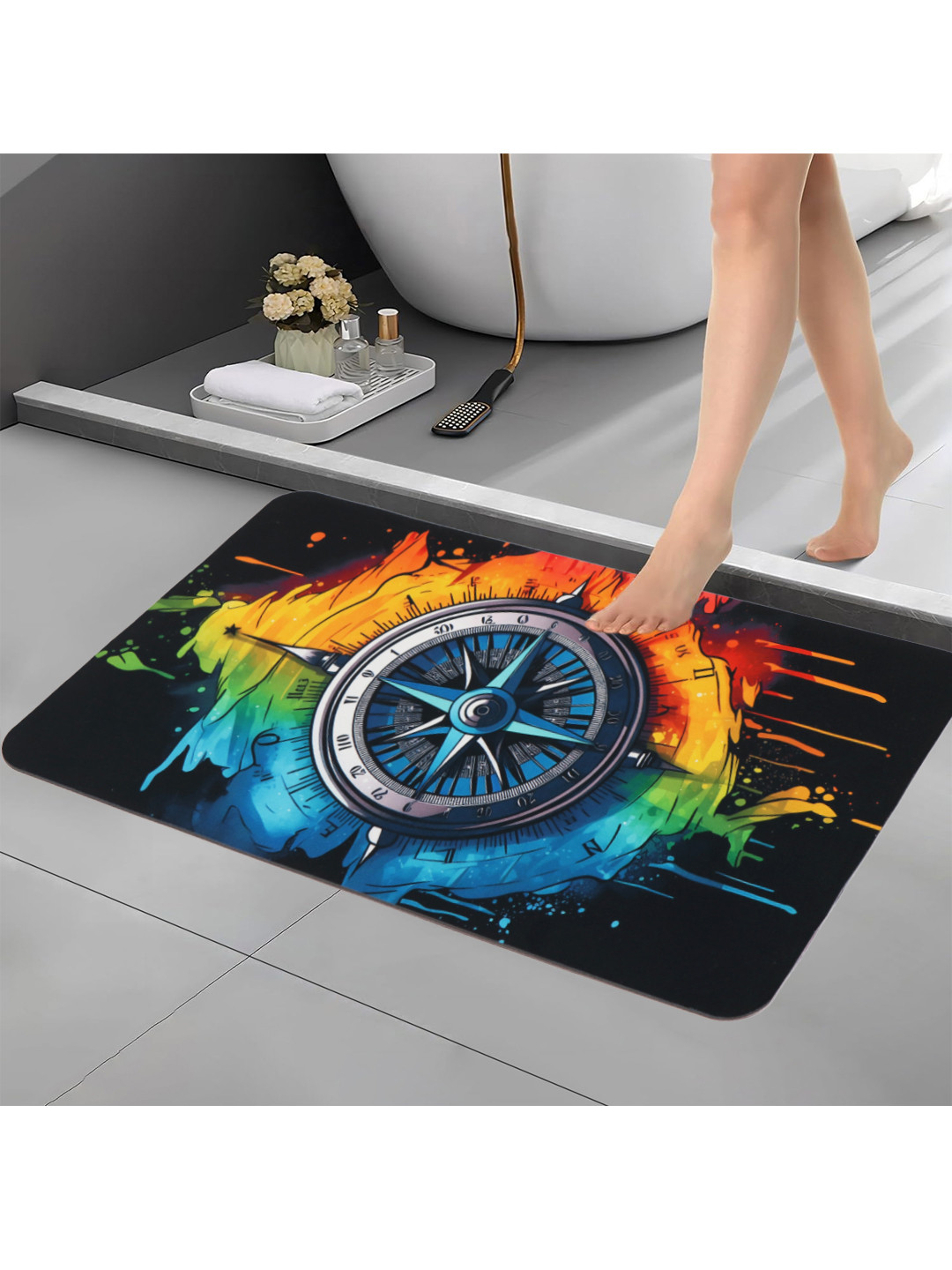 Aura Black & Blue Printed Anti Skid Bath Rug
