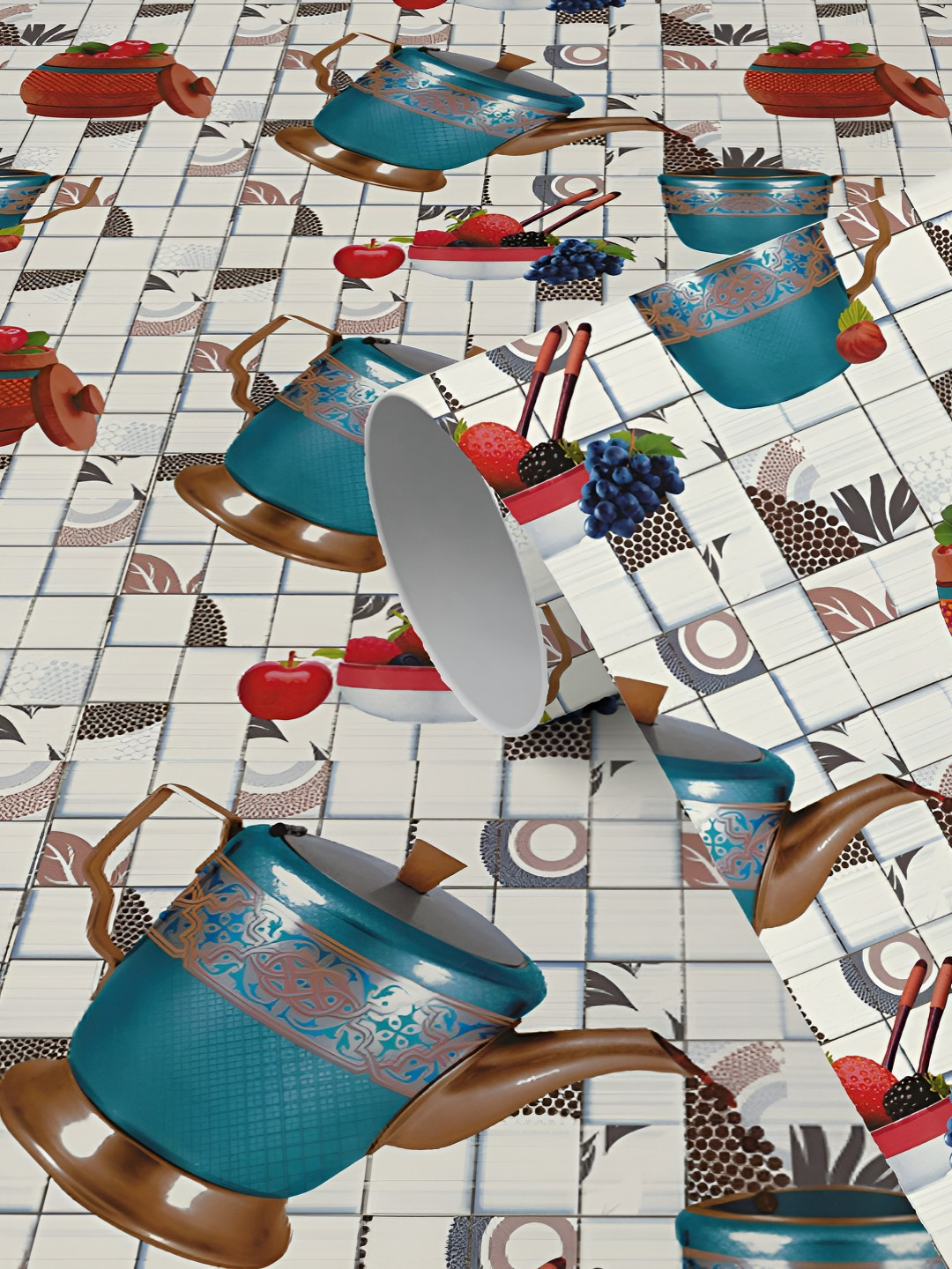 WallDaddy White & Red Kitchen Tea Printed Self Adhesive Wallpaper