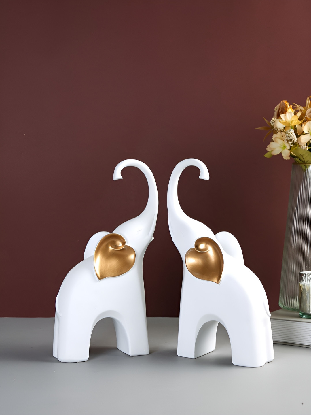 TAYHAA Loving Elephant Couple White Polyresin Glossy Living Room Set of 2 Medium Showpieces - 4.7 Inches