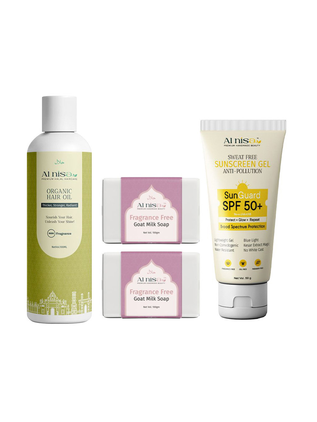 Al Nisa Set Of 4 Organic Hair Oil- 100 ml- Sun SPF 50+ Sunscreen- 50 g & Soap- 100 g Each