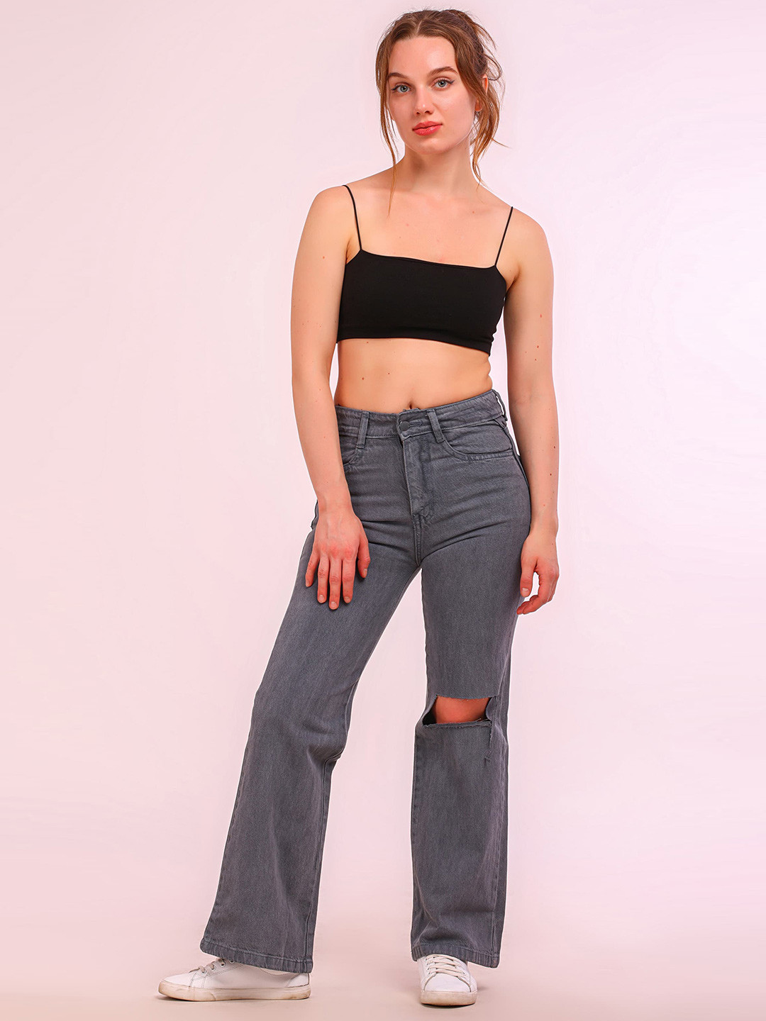 HIGH BUY Women High-Rise Slash Knee Jeans