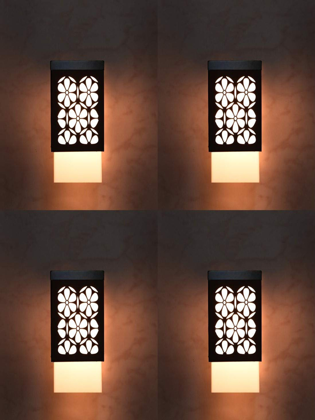 Gojeeva Black & White 4 Pieces Floral Textured Square Shaped Wooden Ceiling Wall Lamps