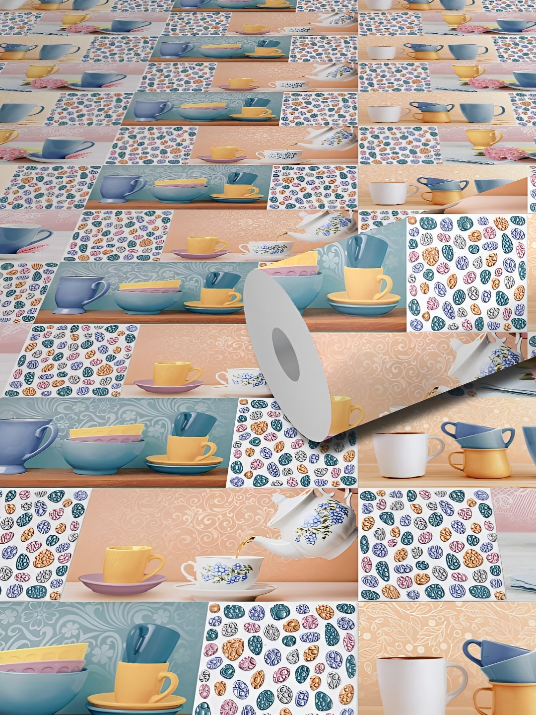 WallDaddy Orange & Blue Cup Marble Printed Waterproof Self Adhesive Wallpaper