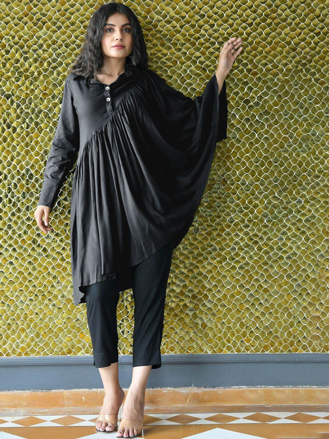 SANCIA Shirt Collar Flared Sleeves Assymetric Tunic