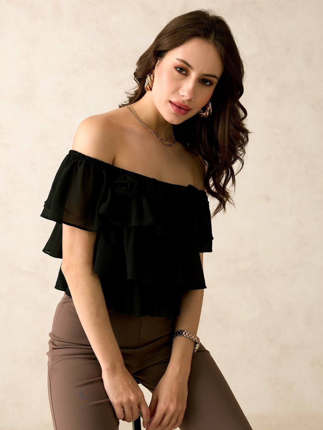 Virgio Georgette Off-Shoulder Crop Top
