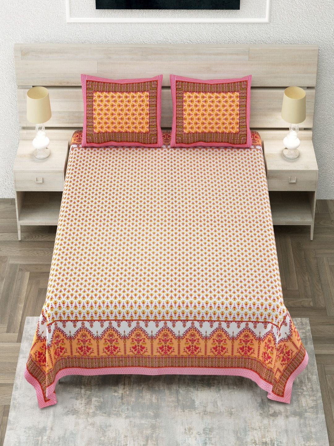 Aapno Rajasthan Booti Design White Ethnic Motifs Cotton 144 TC King Bedsheet with 2 Pillow Covers-108 x 108 inches