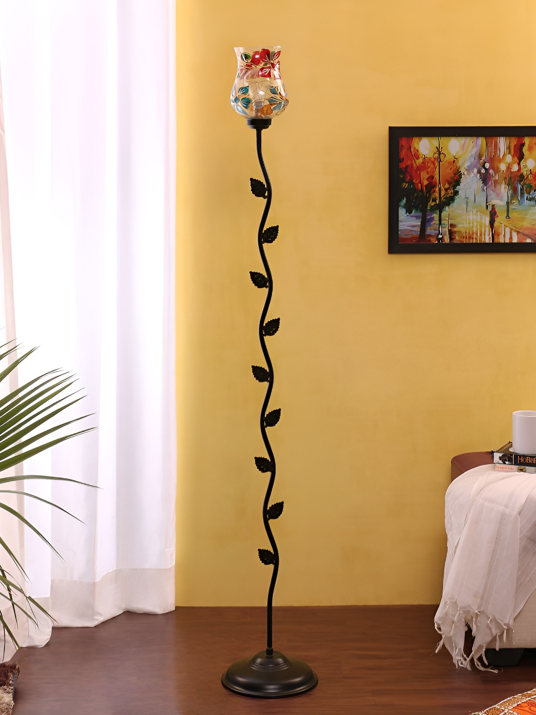 Devansh Black & Red Printed Glass Bell Shaped Floor Lamp