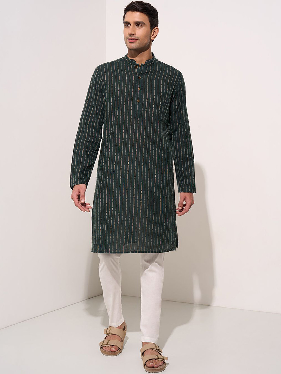 iindus route by Pantaloons Striped Printed Mandarin Collar Straight Kurta