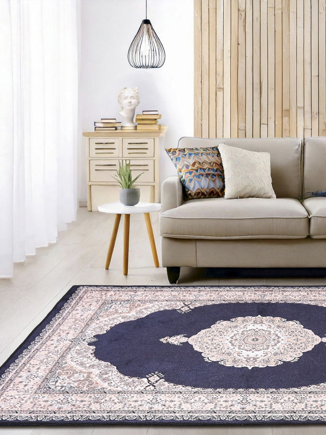 StatusNavy Blue Ethnic Motifs Printed Microfiber Ice velvet Anti Skid Carpet