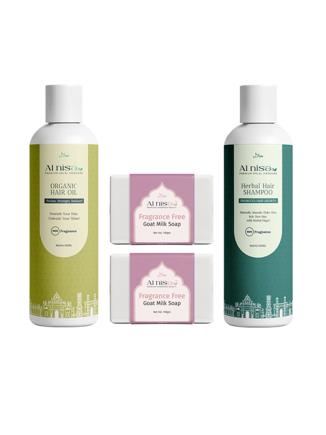 Al Nisa Set Of 4 Herbal Hair Shampoo- 250 ml- Organic Hair Oil- 250 ml & Goat Milk Soap