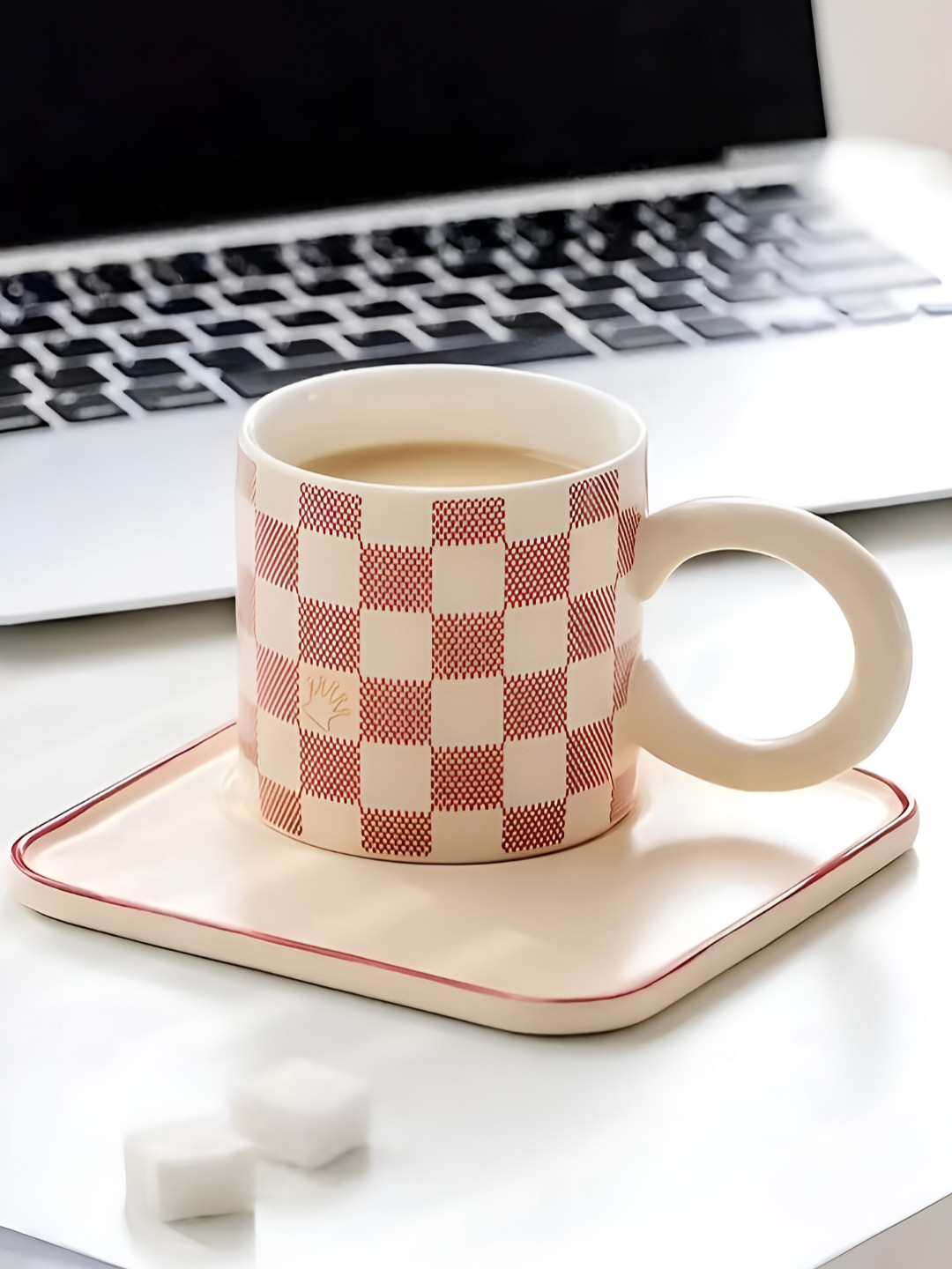 BonZeaL Diamond Beige Checkered Ceramic Handmade Mugs with Saucer -260ml