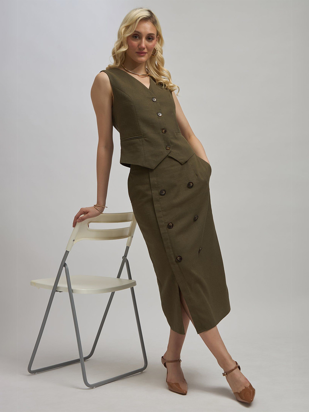 Virgio Linen Double Breasted Slit Midi Skirt