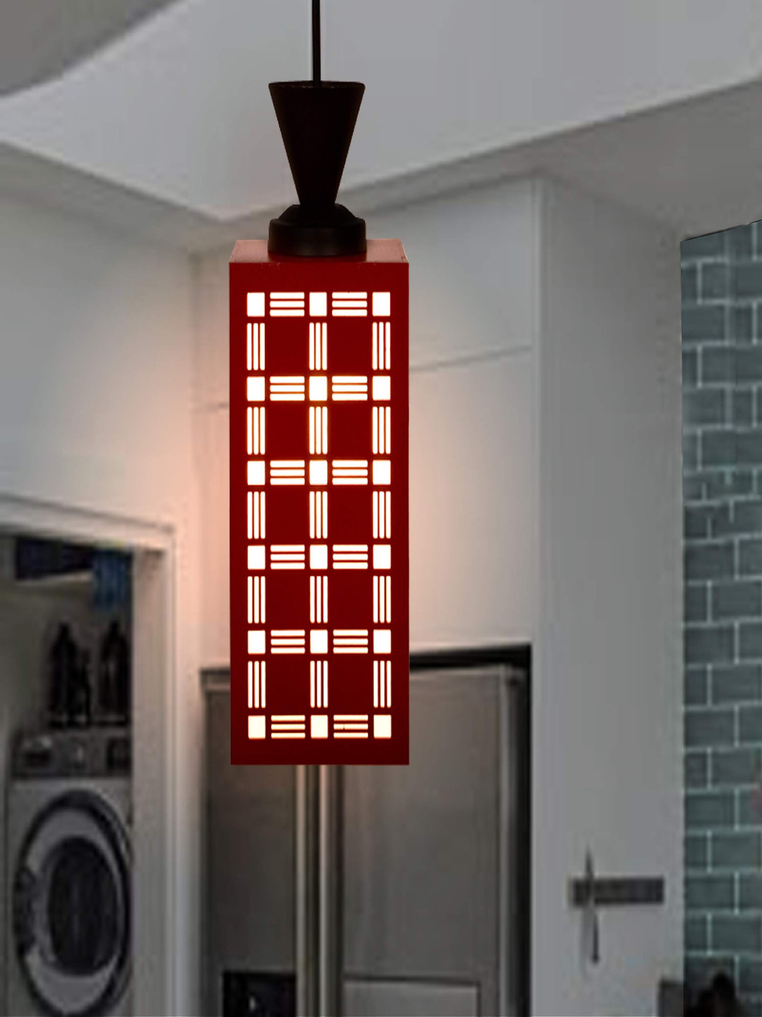 Gojeeva Red Textured Contemporary Rectangle Shaped Wooden Hanging Lamp