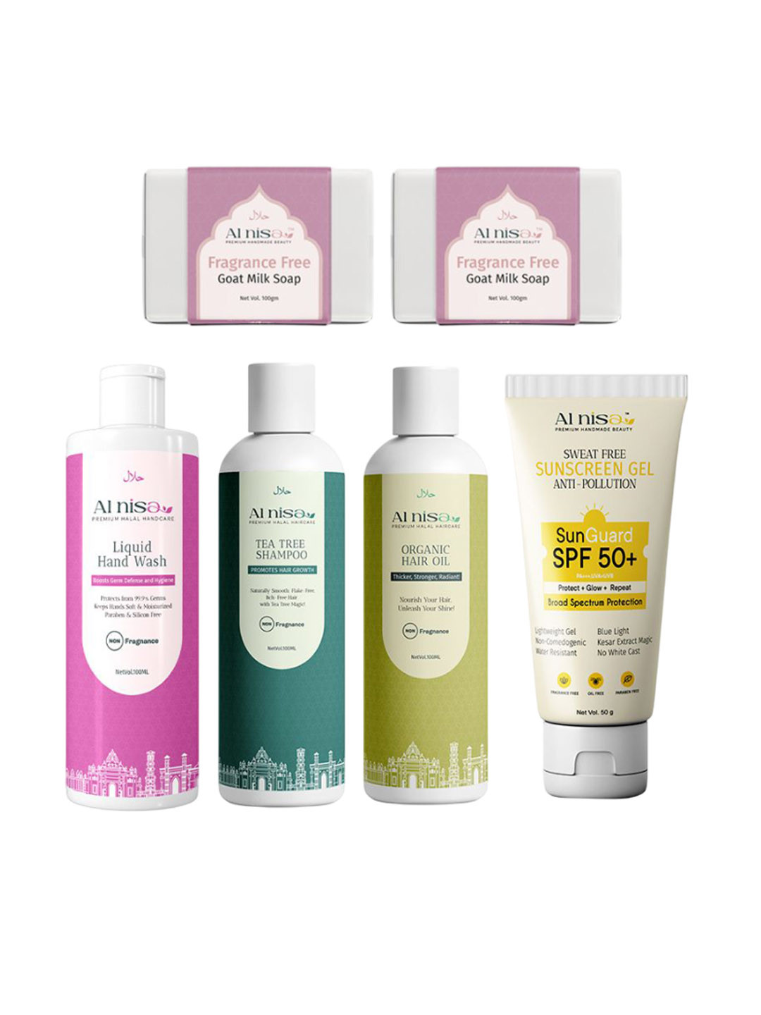 AI Nisa Set Of 6 Hand Wash- Tea Tree Shampoo- Hair Oil- 100 ml Each- Sunscreen- 50 g