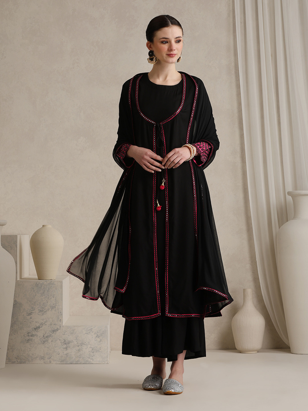 Khushal K Geometric Embellished Mirror Work A-Line  Kurta With Sharara & Dupatta