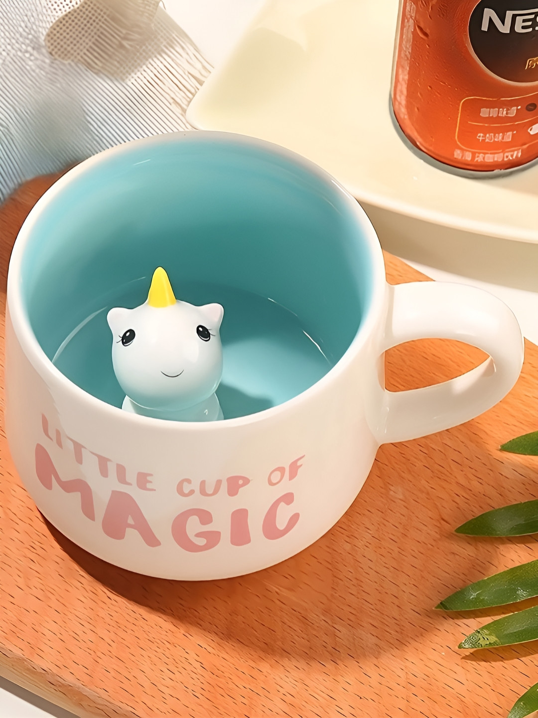 BonZeaL White & Pink Printed Ceramic Glossy Mug With Unicorn Inside Figurine-350 ml