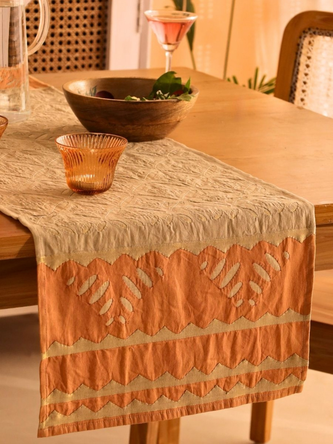 Peepul Tree Taupe & Rust Geometric Applique Pure Cotton Table Runner