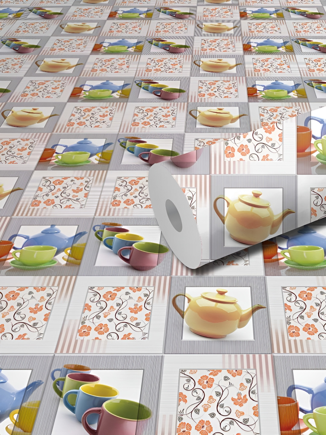 WallDaddy Grey & Green Tea Set Printed Self Adhesive Wallpaper