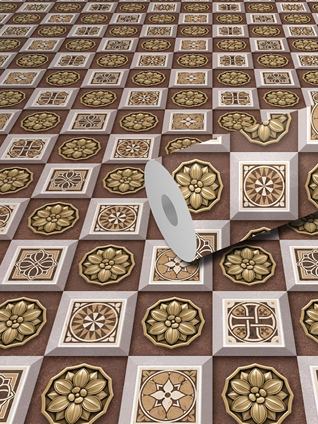 WallDaddy Brown & Beige Square Flower Printed Self Adhesive Wallpaper