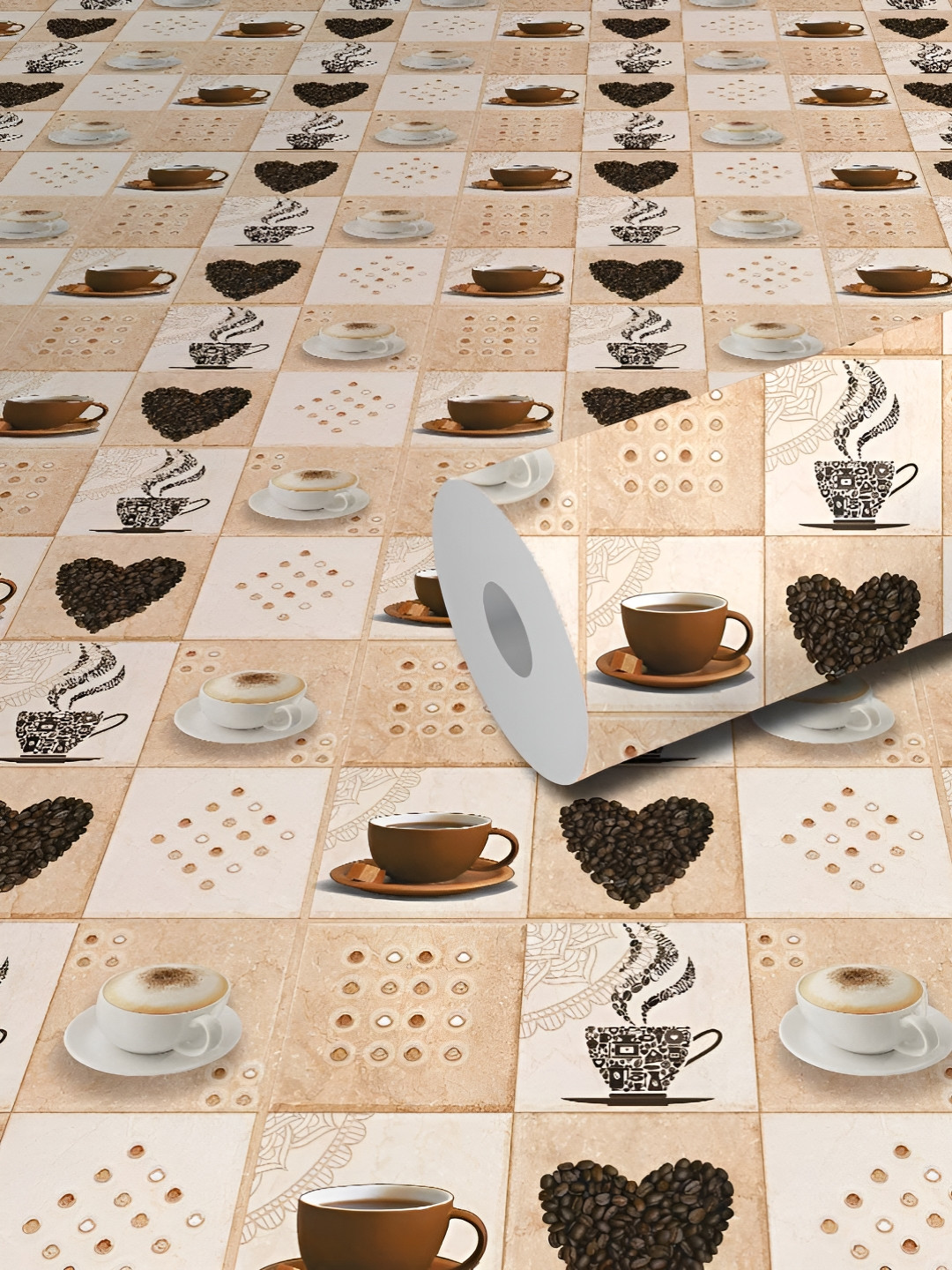 WallDaddy Brown & Beige Tea Heart Printed Self Adhesive Wallpaper