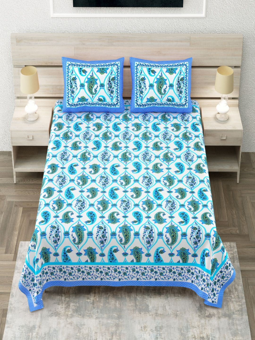 Aapno Rajasthan Crystal Blue Paisley Pure Cotton 144 TC King Bedsheet with 2 Pillow Covers-274 x 274 cm