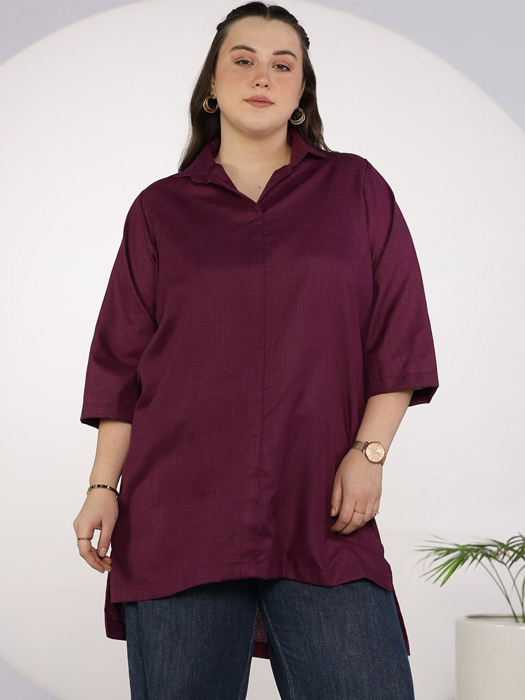 LetsDressUp Plus Size Women Purple Cotton Slub Shirt Top