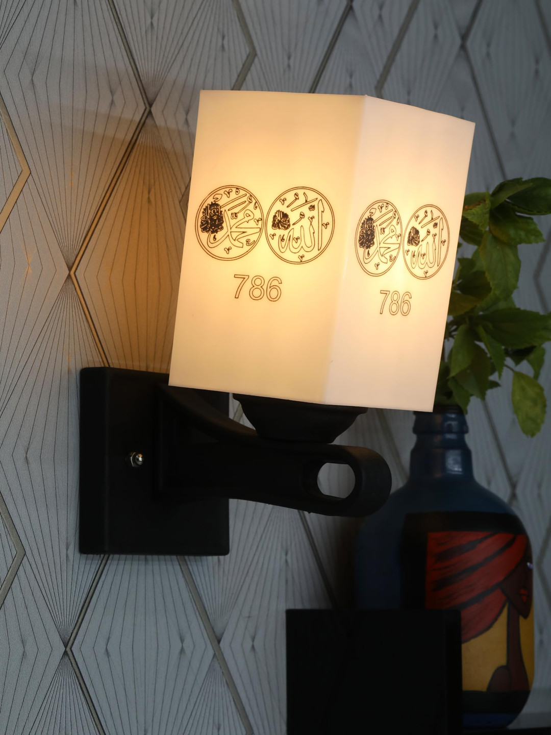 Gojeeva White and Black Printed Wooden Rectangle Shaped Wall Lamp