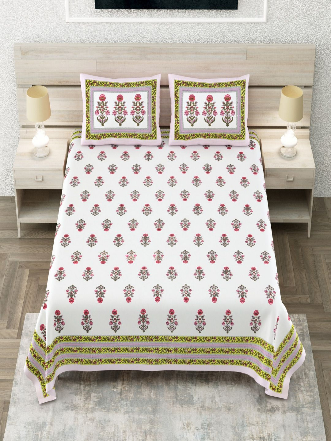 Aapno Rajasthan Rangun White Ethnic Motifs Pure Cotton 144 TC King Bedsheet with 2 Pillow Covers-108 x 108 inches